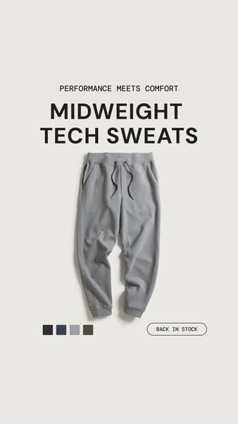 This ad showcases the brand's Midweight Tech Sweats, highlighting their comfort and performance.