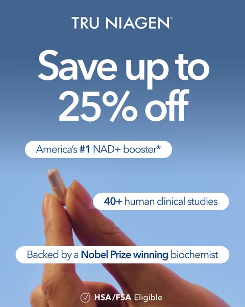 This image ad for Tru Niagen promotes a sale of up to 25% off. It positions the product as America's #1 NAD+ booster