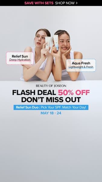 This ad for Beauty of Joseon promotes their Relief Sun Duo with a flash deal offering 50% off. The ad features two women