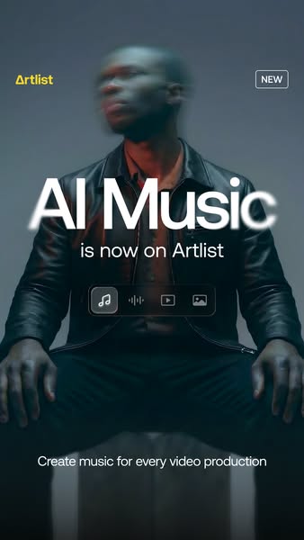 An image ad for Artlist featuring their new AI Music feature, showing a man sitting on a stool in front of a blurred bac