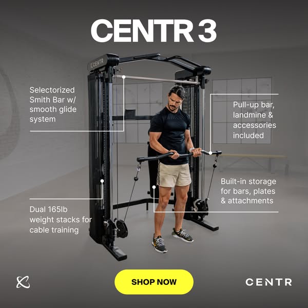 This image ad for Centr 3 presents a single weight training machine surrounded by pointers to different features of the 
