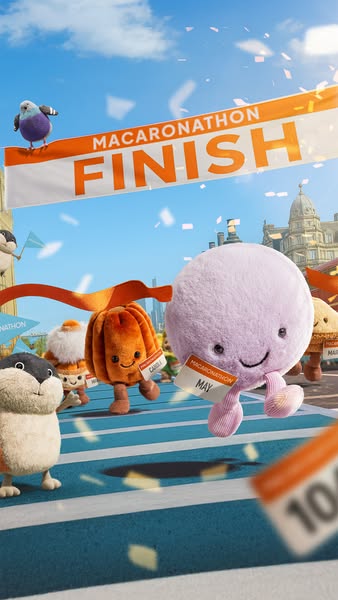 This ad promotes plush toys by featuring an image of them participating in a race called "Macaronathon".
