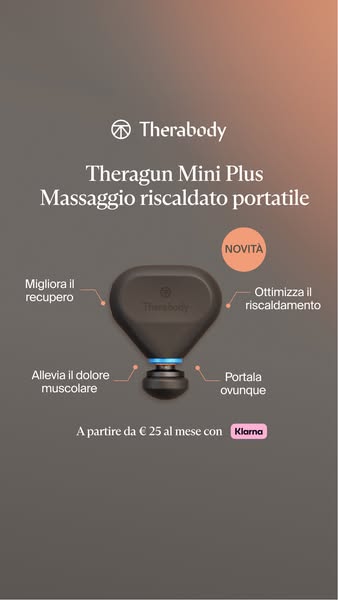 This ad showcases the Theragun Mini Plus, a portable heated massage device, highlighting its benefits such as improved r