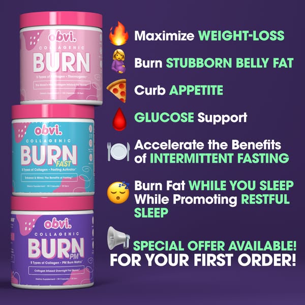 This ad promotes Obvi collagenic burn products. The ad highlights the benefits of the products, including weight loss, b