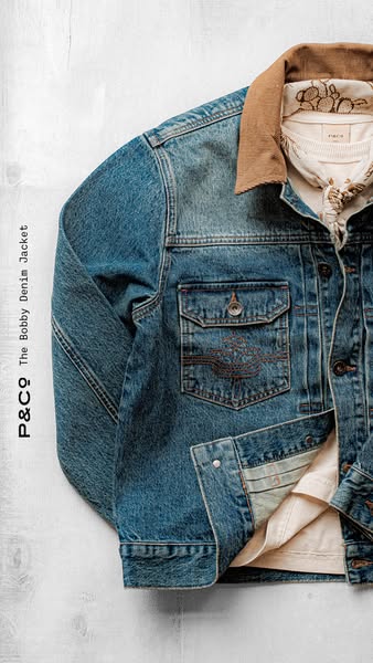 This ad showcases the Bobby Denim Jacket from P&Co, highlighting its design and style.