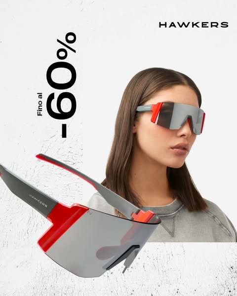 This image ad for Hawkers sunglasses features a woman wearing the product. It calls out an offer of up to 60% off.