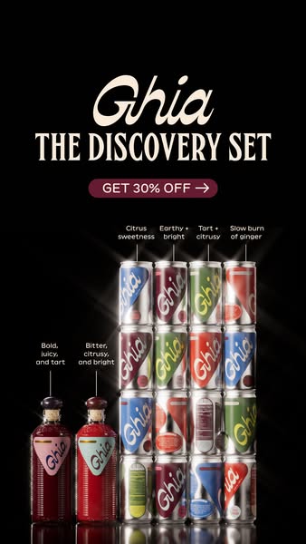 This ad showcases Ghia's Discovery Set, which includes a variety of flavors in both bottled and canned formats. The 