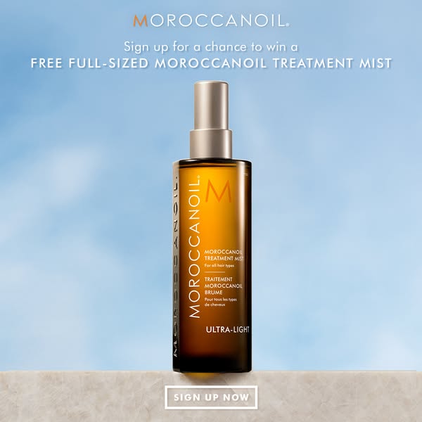 This ad promotes a sweepstakes for a free full-sized Moroccanoil Treatment Mist. The ad features a product shot of the m