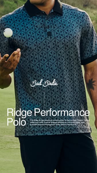This is an image ad for Bad Birdie's Ridge Performance Polo. The ad showcases the polo's premium construction an