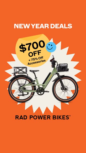 This image ad promotes Rad Power Bikes and advertises New Year deals, including $700 off plus 75% off accessories.