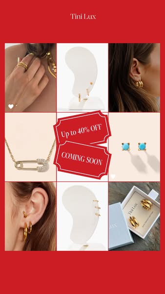 This ad for Tini Lux features a grid layout showcasing various pieces of jewelry including earrings, necklaces, and ring