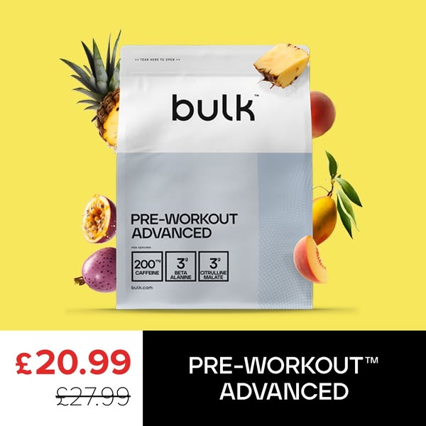 This ad promotes Bulk's Pre-Workout Advanced supplement. It features the product packaging surrounded by fruit, high