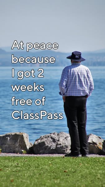 This ClassPass ad features a photo of a man looking out at a lake. The text overlayed on the image highlights a promotio