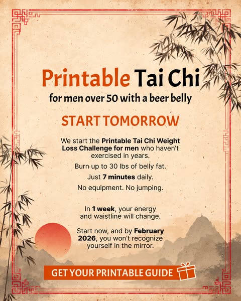This image ad is for a printable Tai Chi weight loss challenge for men over 50 with a beer belly. It promises weight los