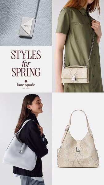 This image is a collage of four photos that highlight various handbags from Kate Spade's Spring collection.