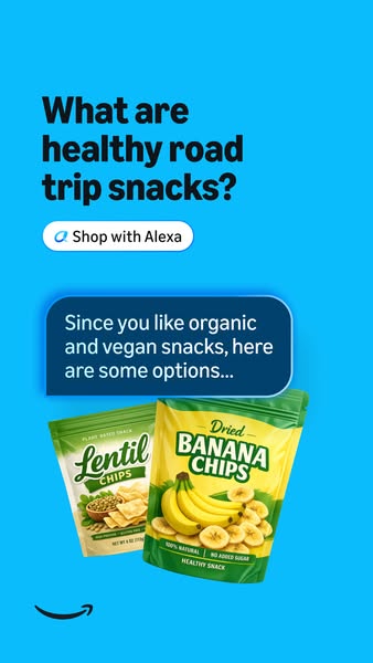 This ad starts with a question about healthy road trip snacks and is answered with an Alexa-integrated shopping recommen
