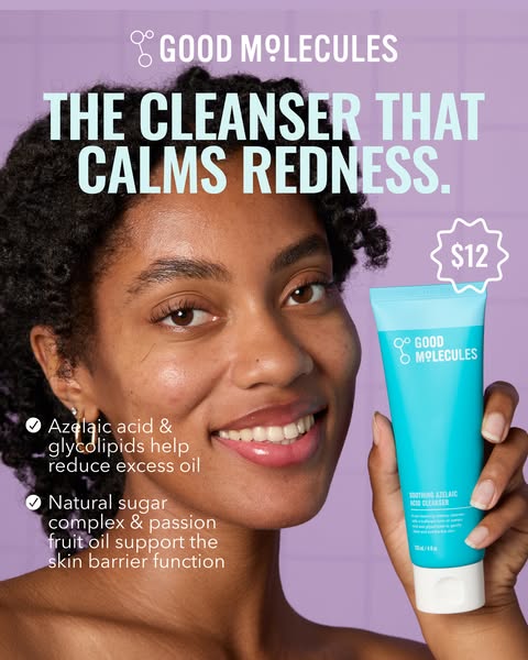 This image ad for Good Molecules promotes their Soothing Azelaic Acid Cleanser. The ad features a close-up of a woman wi