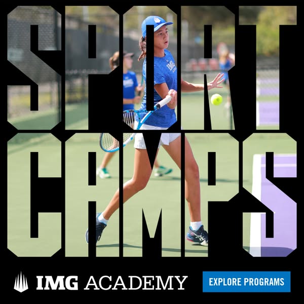 This image ad promotes IMG Academy's sport camps. The ad features a young female tennis player hitting a ball during