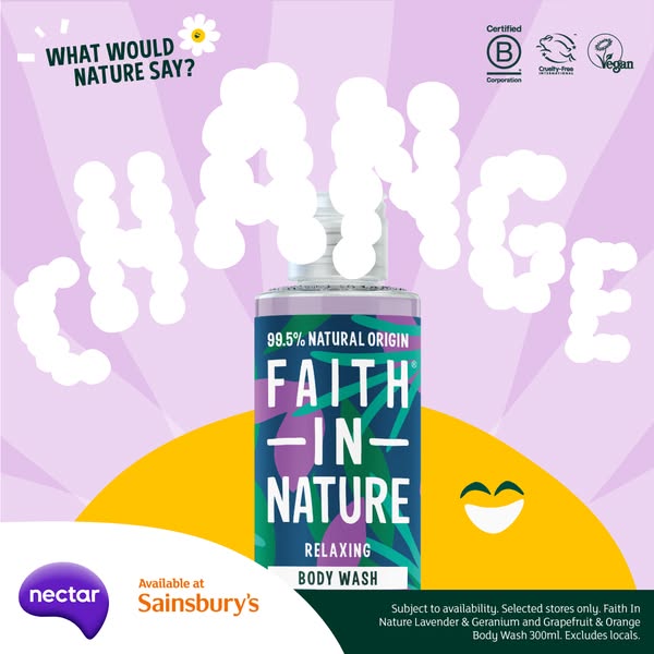This ad for Faith In Nature body wash highlights the product's natural ingredients and availability at Sainsbury'