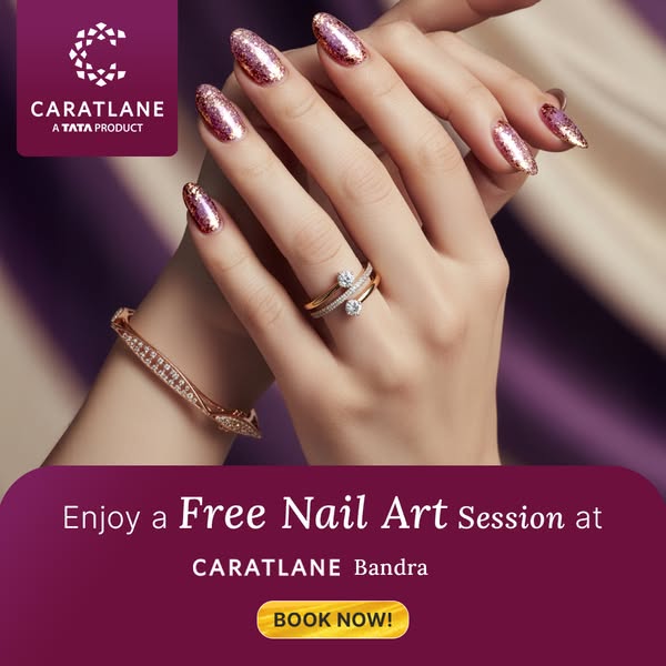 This image ad from CaratLane promotes a free nail art session at their Bandra location.