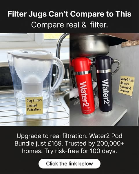 This image ad compares traditional filter jugs with Water2 pods, highlighting the latter's superior filtration capab