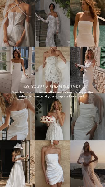 This ad features a grid collage of strapless wedding dresses. The ad is targeted towards brides who are looking for a st