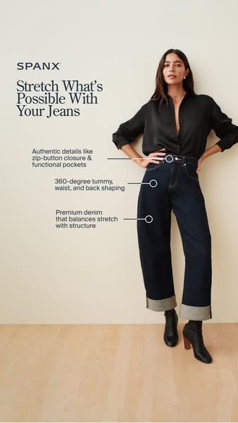 This ad for Spanx jeans features a woman wearing the jeans and a black top. The ad highlights the authentic details, zip