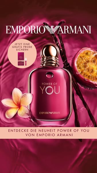 This is an image ad for Emporio Armani Power of You perfume. The ad features a bottle of the perfume with a passion frui