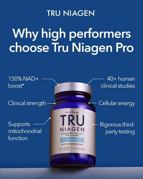 This image ad for Tru Niagen Pro targets high performers looking for a cellular energy boost. The ad emphasizes the prod