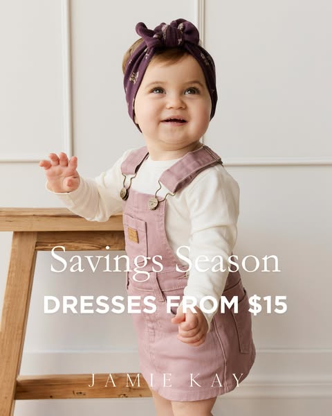 This image ad showcases a young child wearing a Jamie Kay dress, highlighting the brand's savings season with dresse