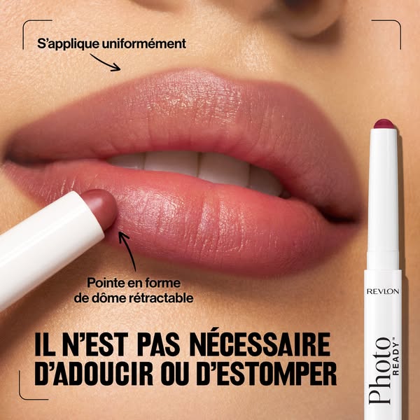 This image ad features a close-up view of lips being colored with a Revlon Photo Ready lipstick crayon. The ad emphasize