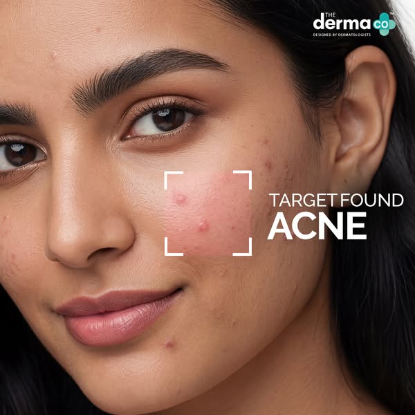 This ad for The Derma Co. features a close-up of a woman's face, highlighting her acne. The ad uses a targeting reti