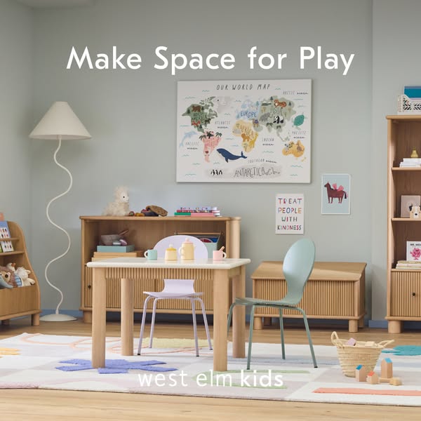 This ad showcases West Elm Kids' furniture and decor in a styled playroom setting, emphasizing the brand's abili