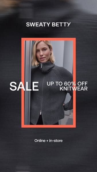 This image ad for Sweaty Betty promotes a sale of up to 60% off knitwear, available both online and in-store. The ad fea