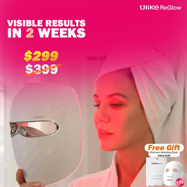 This ad for the Ulike ReGlow features a woman with a towel wrapped around her head holding up the device. The ad shows t