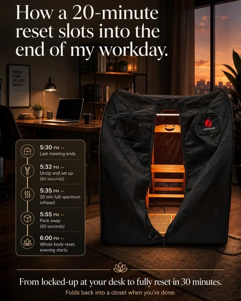 The ad is for a personal sauna that the user sets up at the end of their workday. The ad copy promises a whole body rese