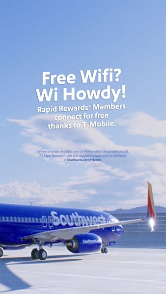 This single image ad by Southwest Airlines promotes free WiFi for Rapid Rewards Members, thanks to T-Mobile.