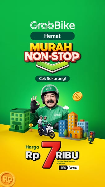 The ad promotes GrabBike's affordable rates. It uses a cartoon style with a brand ambassador who is also a rider.