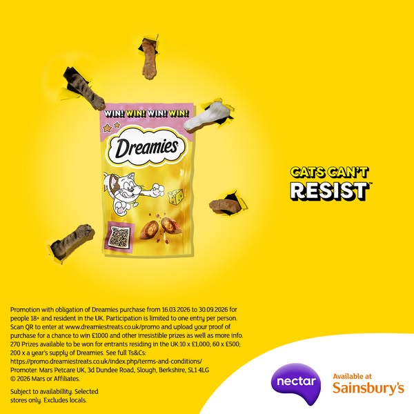 An image ad for Dreamies cat treats. The ad promotes a contest where customers can win prizes by purchasing Dreamies. Th