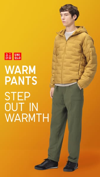 This ad showcases Uniqlo's warm pants and a down jacket, emphasizing warmth and style for stepping out in cooler wea