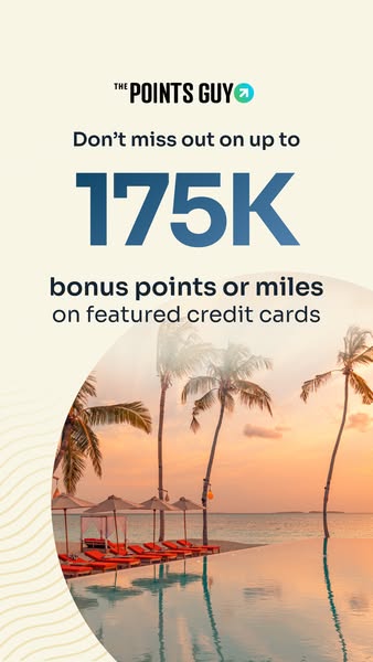 This image ad from The Points Guy promotes an offer of up to 175K bonus points or miles on featured credit cards. The ad
