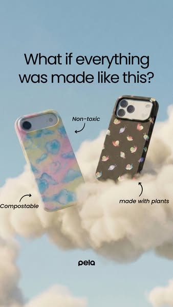 This ad showcases phone cases from Pela and highlights key attributes, such as being compostable, non-toxic, and made wi