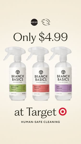This image ad showcases three varieties of Branch Basics cleaning solutions: All-Purpose Cleaner, Bathroom Cleaner, and 