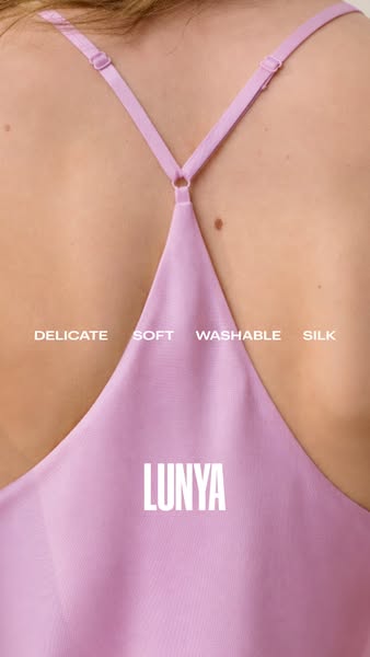This ad showcases a light pink silk camisole from Lunya. The ad focuses on the softness, delicacy, washability and comfo