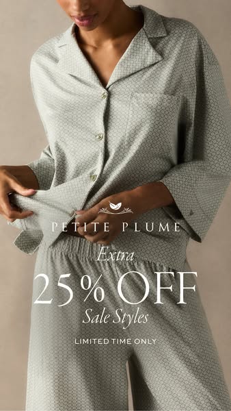 This ad showcases a woman wearing a set of Petite Plume pajamas with a promotion of 25% off.
