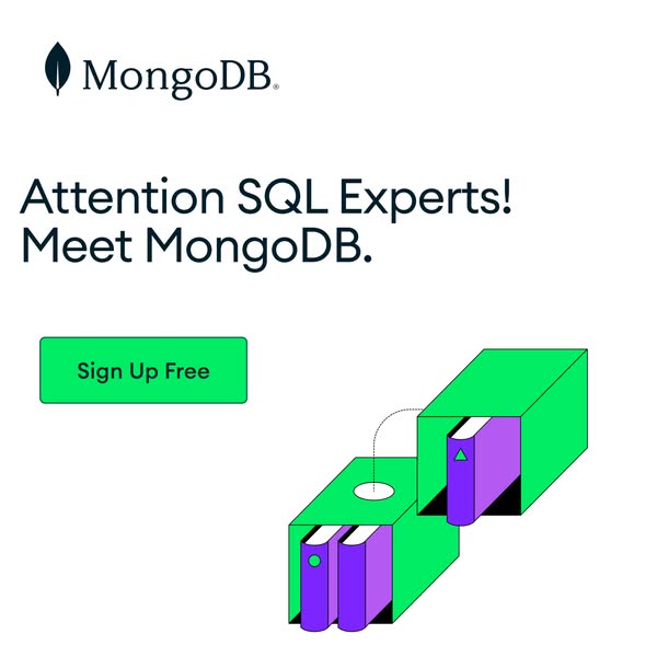 This ad is for MongoDB, a database platform. The ad is targeting SQL experts and encouraging them to sign up for free.