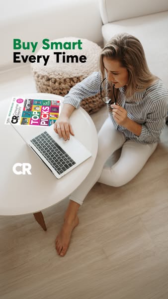 This ad is for Consumer Reports. It features an image of a woman using a laptop with a copy of Consumer Reports laying n