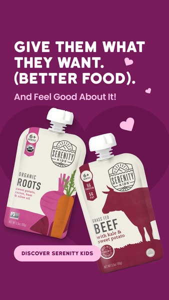 This ad for Serenity Kids baby food features two different pouches, one with a vegetable flavor and the other with beef 