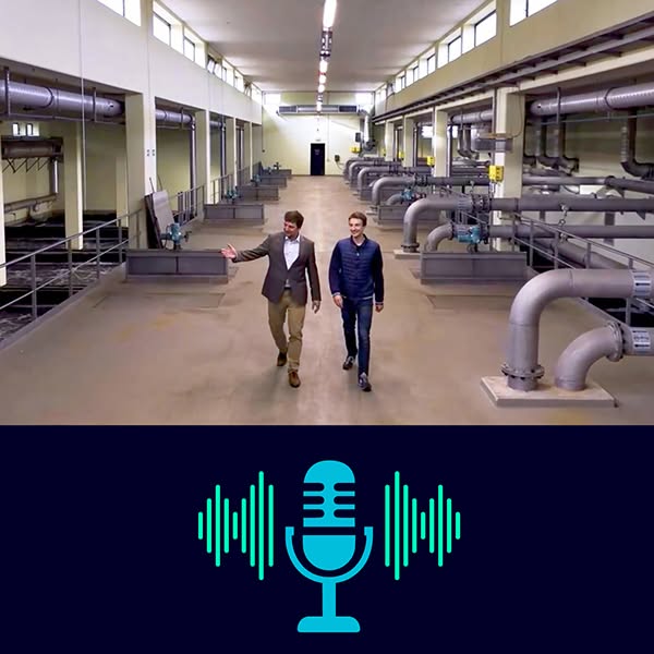 An image featuring two men walking through an industrial facility, overlaid with a teal microphone logo to promote a pod