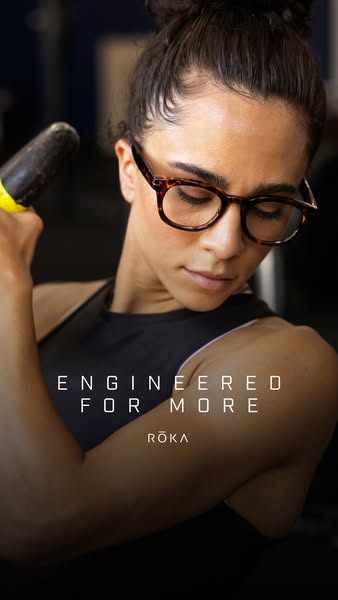 This ad for Roka eyewear features an image of a woman lifting weights while wearing a pair of the brand's glasses. T